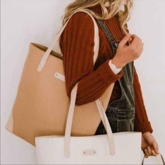 OCTOBER JAIPUR Tote Bag Canvas Tan Vegan Leather NWT! - Picture 2 of 8